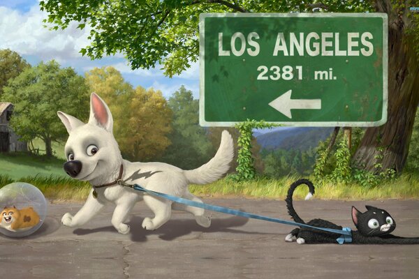 A white dog from a cartoon drags a black cat on a leash