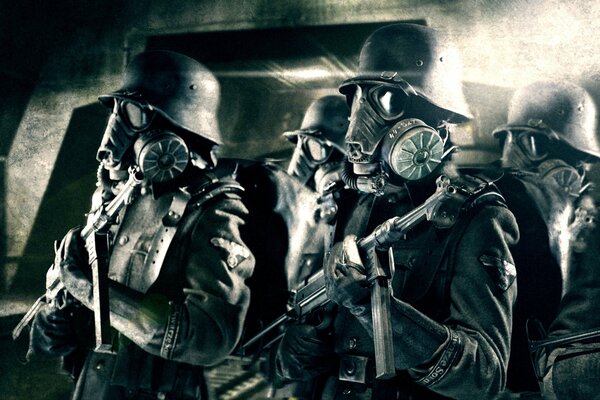 Nazi soldiers in helmets, masks and with weapons