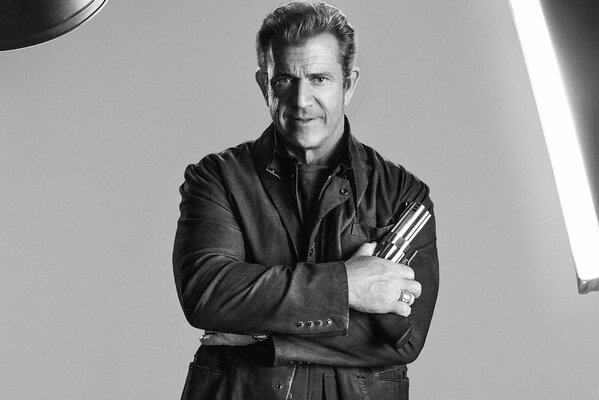 Foto en blanco y negro de Mel Gibson. The Expendables 3 