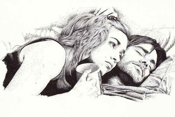 Pencil drawing of a man lying on pillows and a girl with a mug in her hands