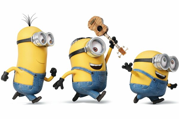 Three minions are running happily about their business