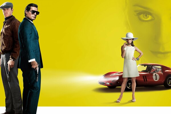 Three agents on a yellow background next to the car