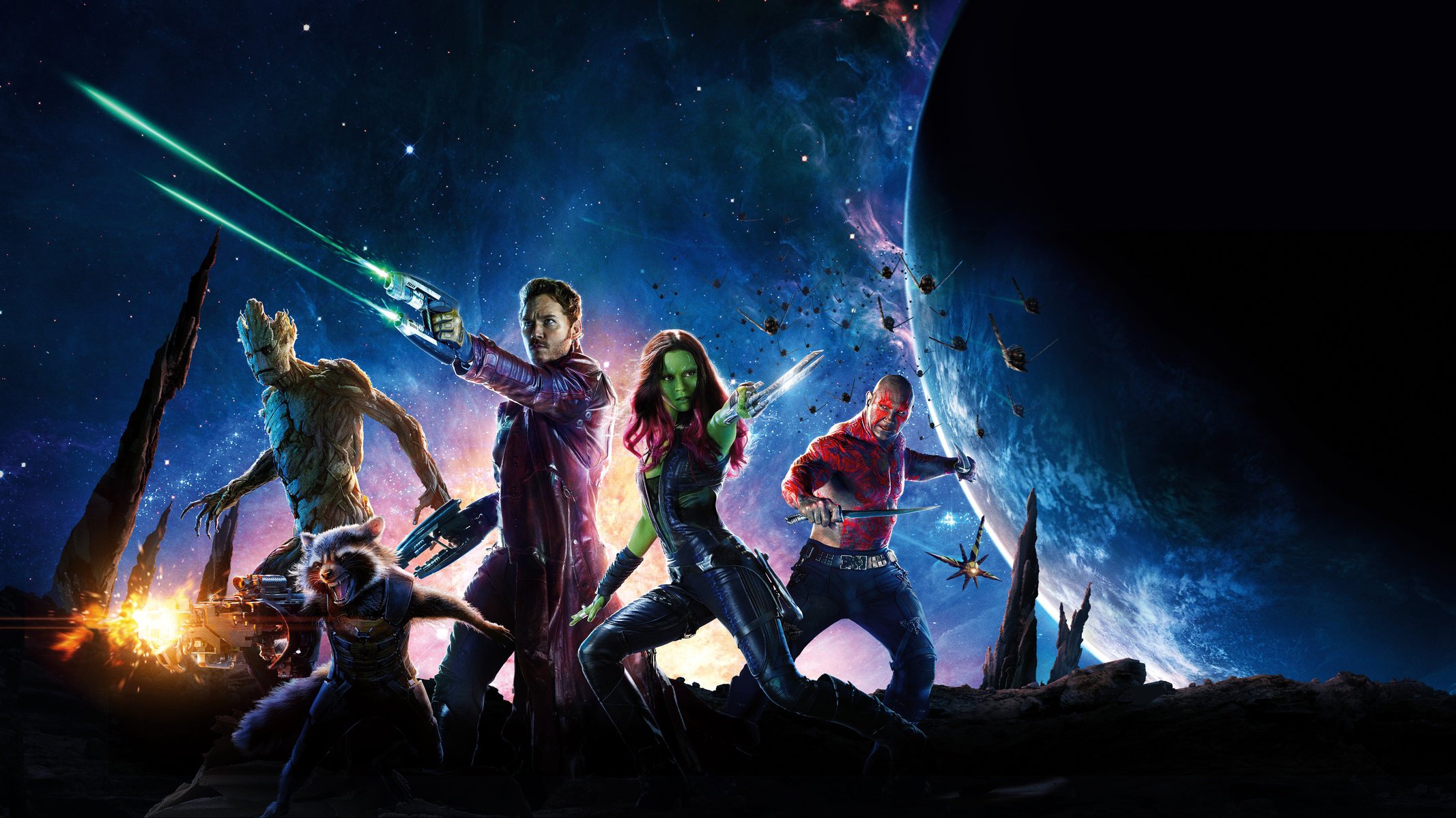 strażnicy galaktyki komiks fantastyka gamora groot star lord rakieta bijatyka chris pratt chris pratt peter quill zoe saldana dave batista batista kosmos gwiazdy planeta broń