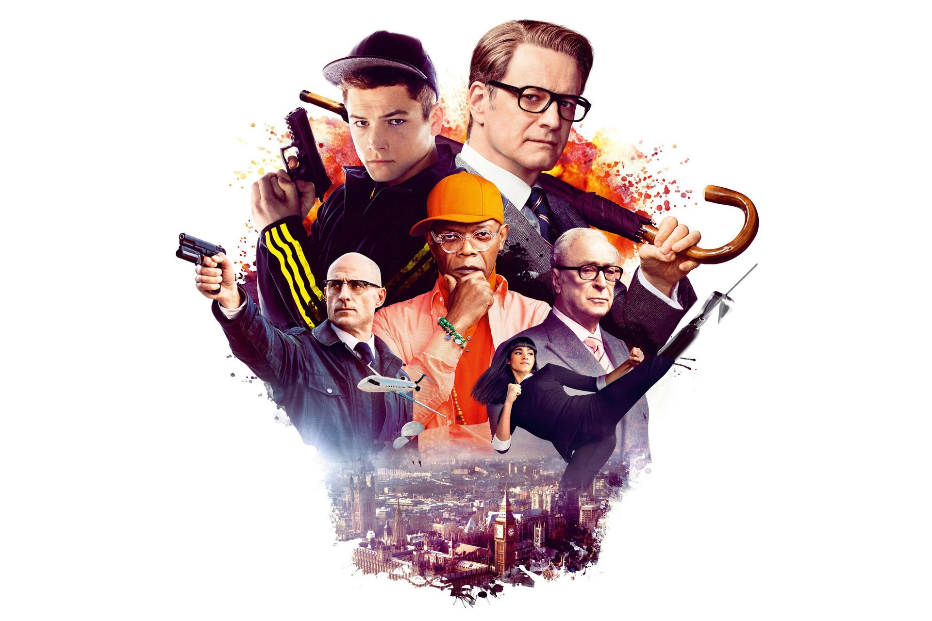 kingsman: servizio segreto servizio segreto colin firth colin firth agente samuel l. jackson michael caine mark strong sophia boutella taron edgerton taron egerton poster sfondo bianco berretto ombrello