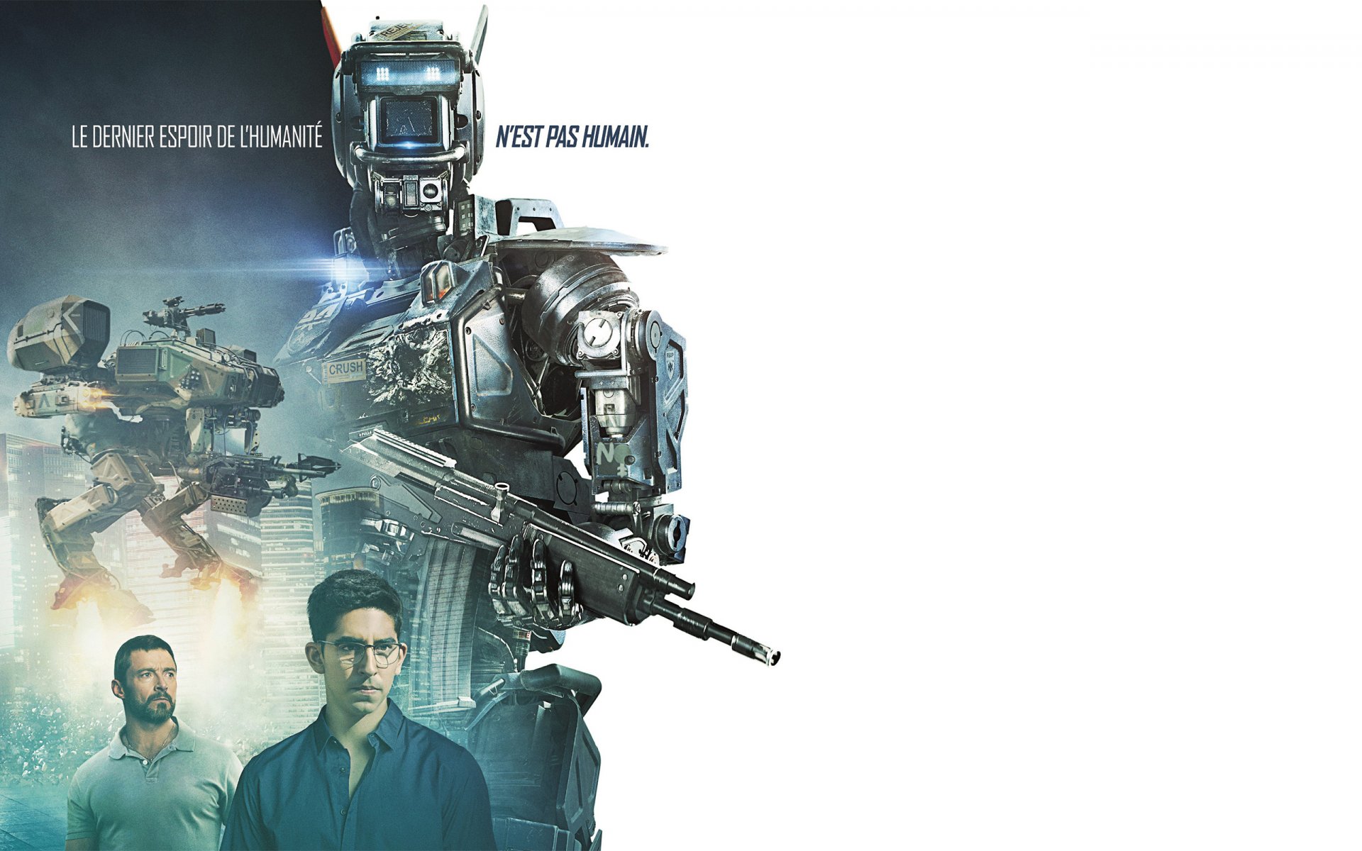 robot named chappie kid poster robot weapon sharlto copley dev patel hugh jackman white background