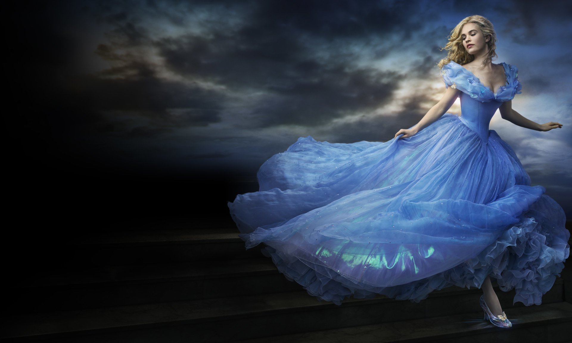 cinderella movie movie 2015 lily james walt disney pictures adventure drama family fantasy romance novels fairy tale woman girl lover blonde hair face lips eyes blue dress neckline chest butterflies sky sun light dlouds full hd wallpaper