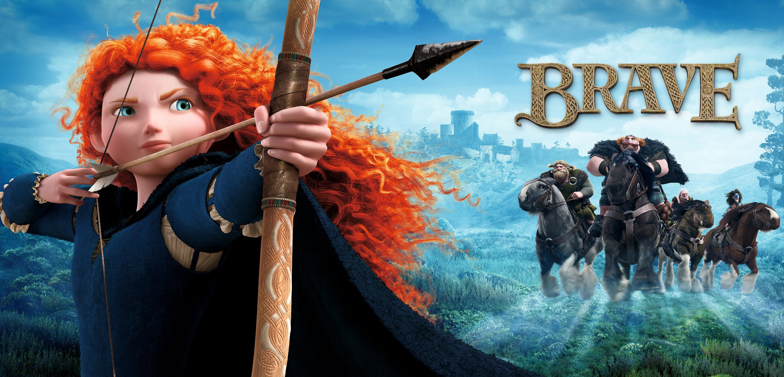 braveheart cartoon merida księżniczka łuczniczka ruda łuk strzała cięciwa szkocja jeźdźcy zamek plakat