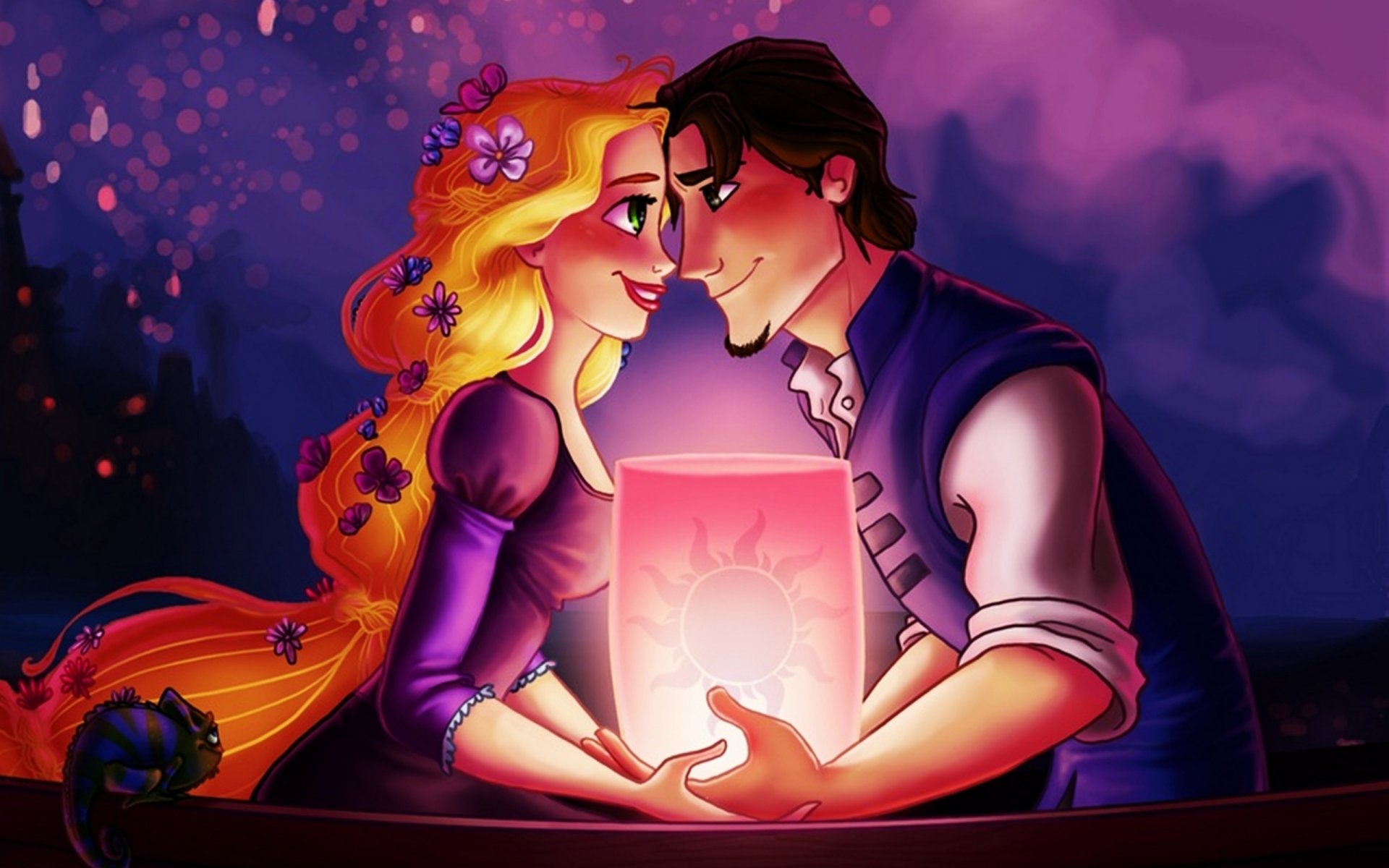 rapunzel: tangled story rapunzel flynn lanterns tangled story princess robber hair sky night river boat lights lantern