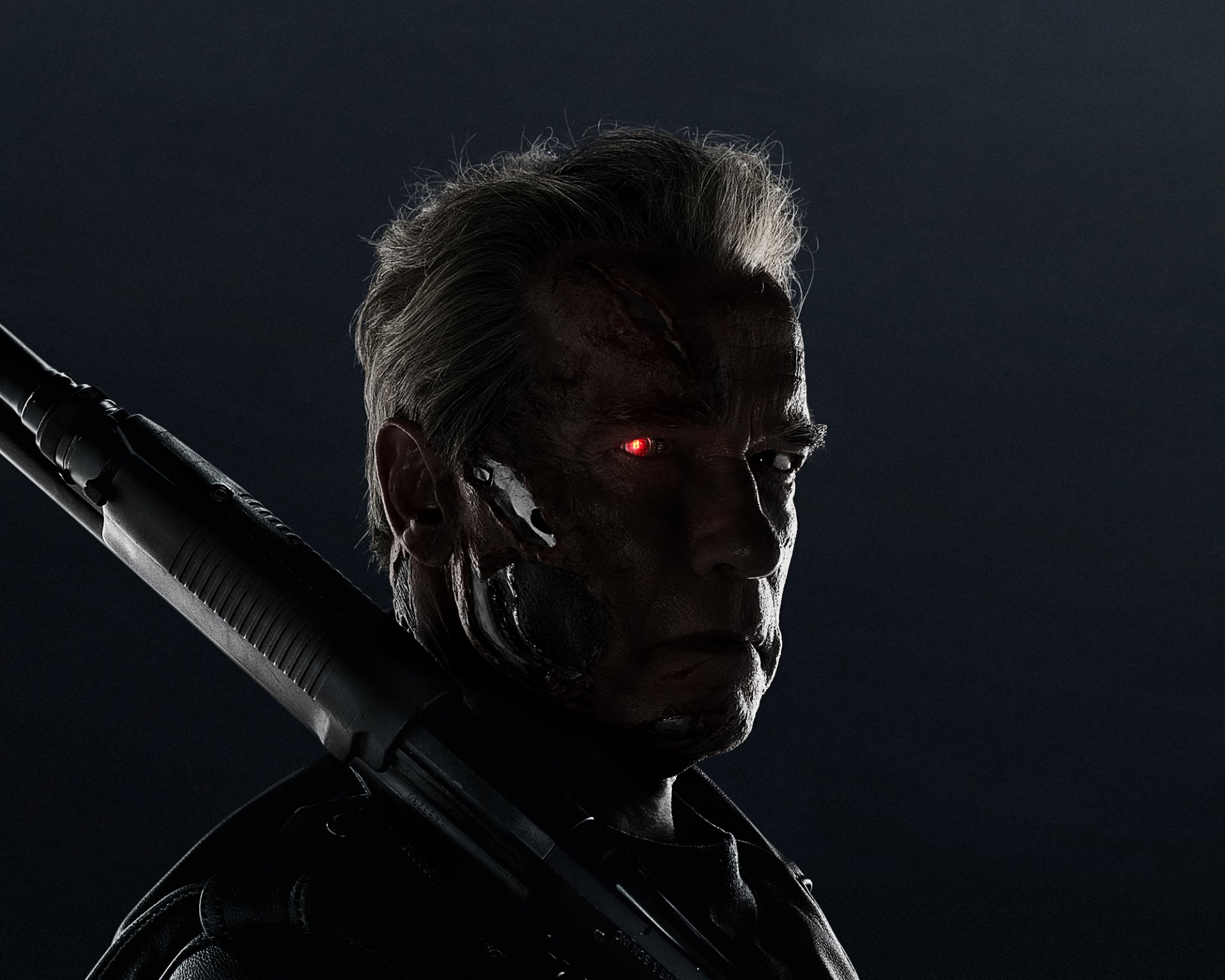 terminator: genesis terminator 5 film film 2015 arnold schwarzenegger action abenteuer sci-fi thriller roboter pistole waffe gefahr gesicht rot augen dunkelheit hd hintergrundbilder