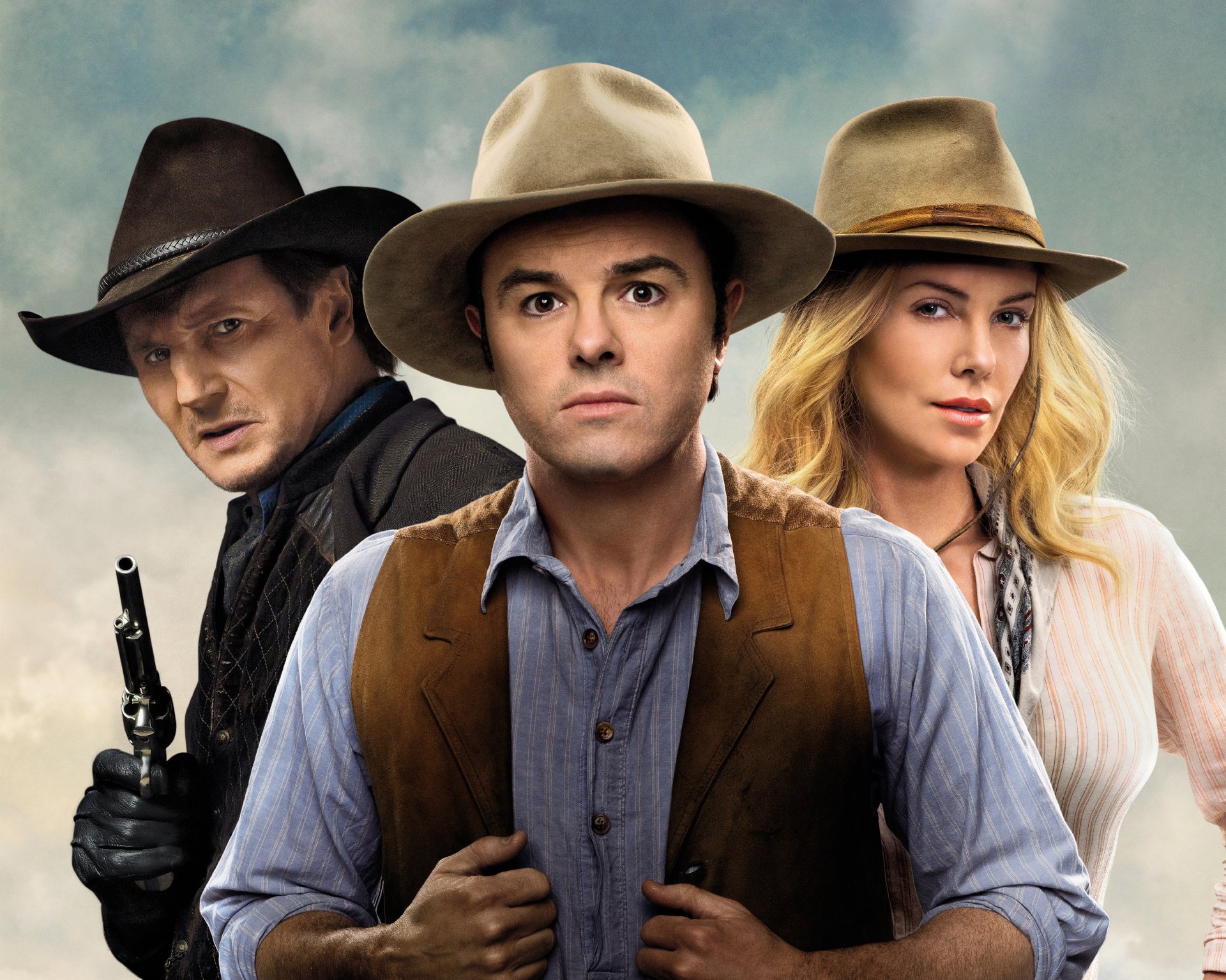 a million ways to die in the west film 2014 charlize theron anna liam neeson clinch seth macfarlane albert universal pictures comedy western men boys girl blonde hair face gun cowboy hat eyes lips hd wallpaper