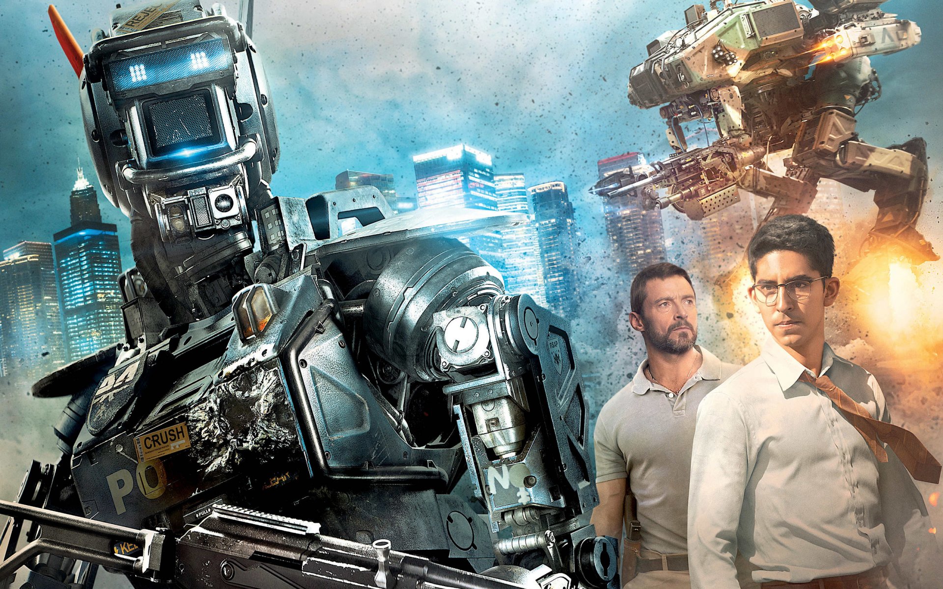 robot named chappie kid poster robots shooting weapons sharlto copley Dev patel hugh jackman