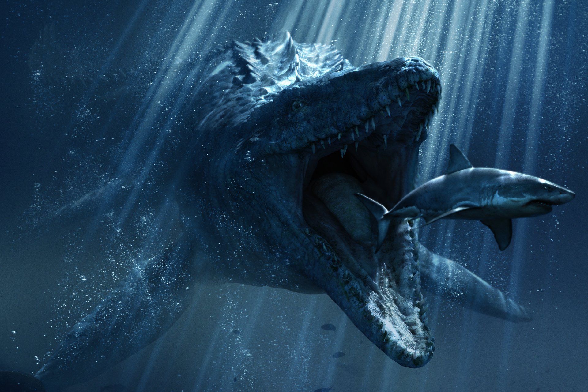 jurassic world jurassic world pod wodą gad usta zęby rekin promienie światła