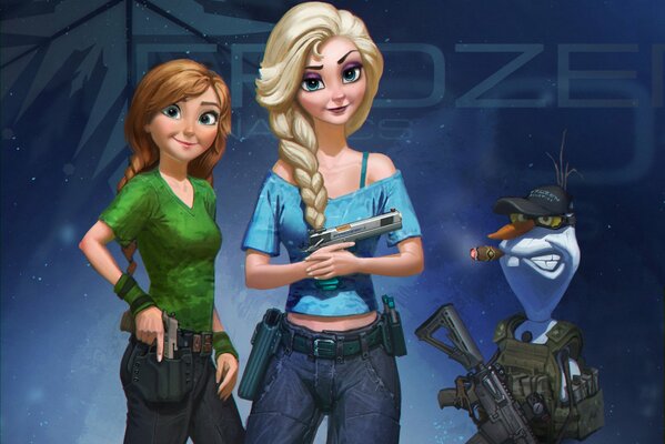 Anna and Elsa together with Olaf and with weapons