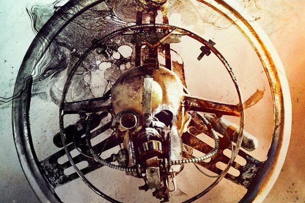 A skull in a mechanical device movie