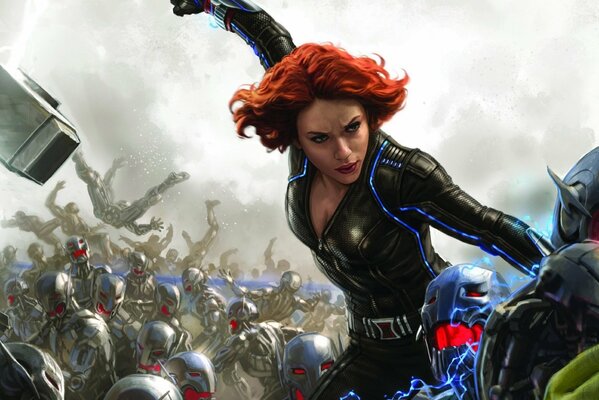 Scarlett Johansson se enfrenta a robots en la película los Vengadores