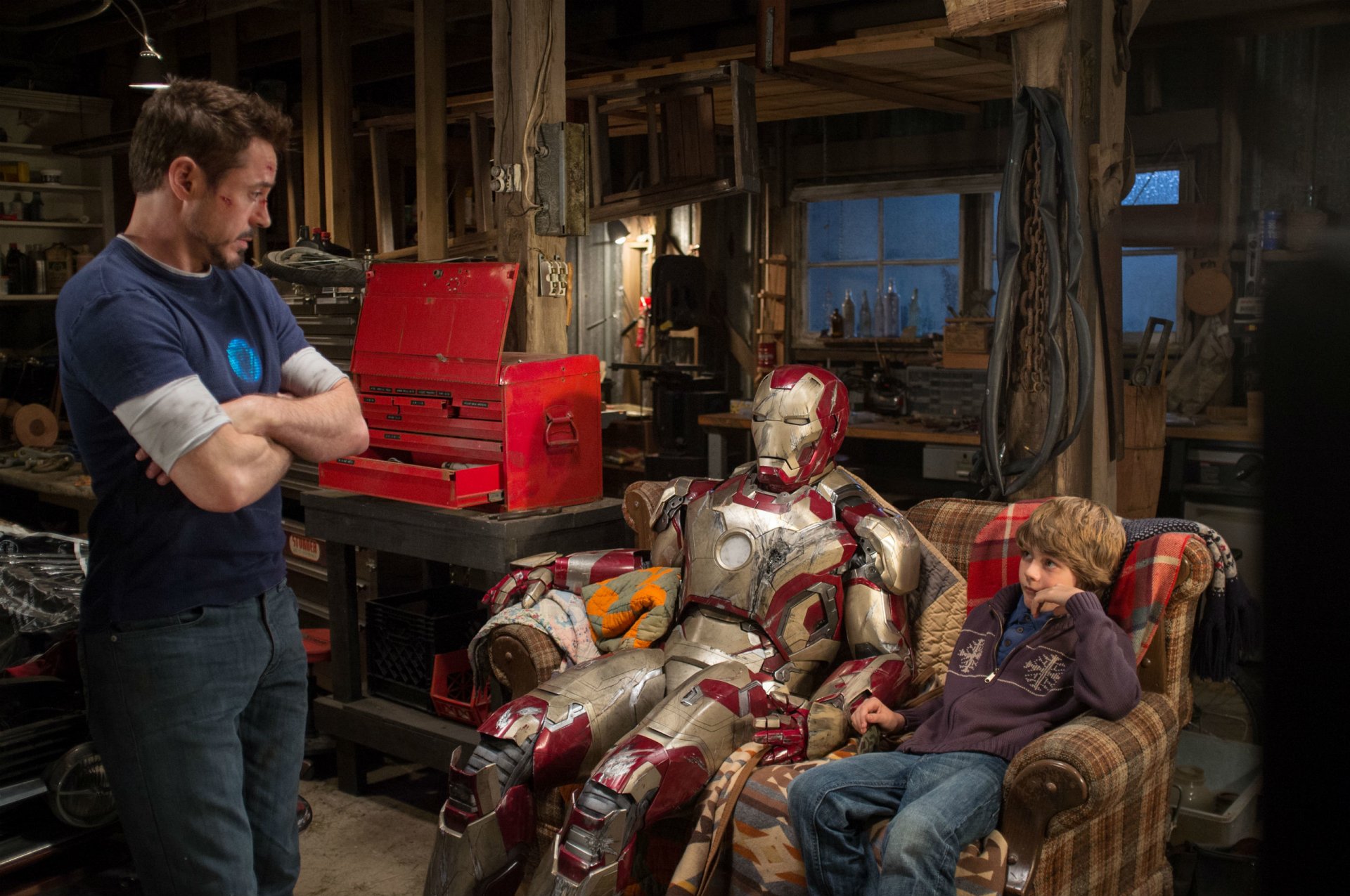 iron man 3 robert downey jr. ty simpkins costume garage