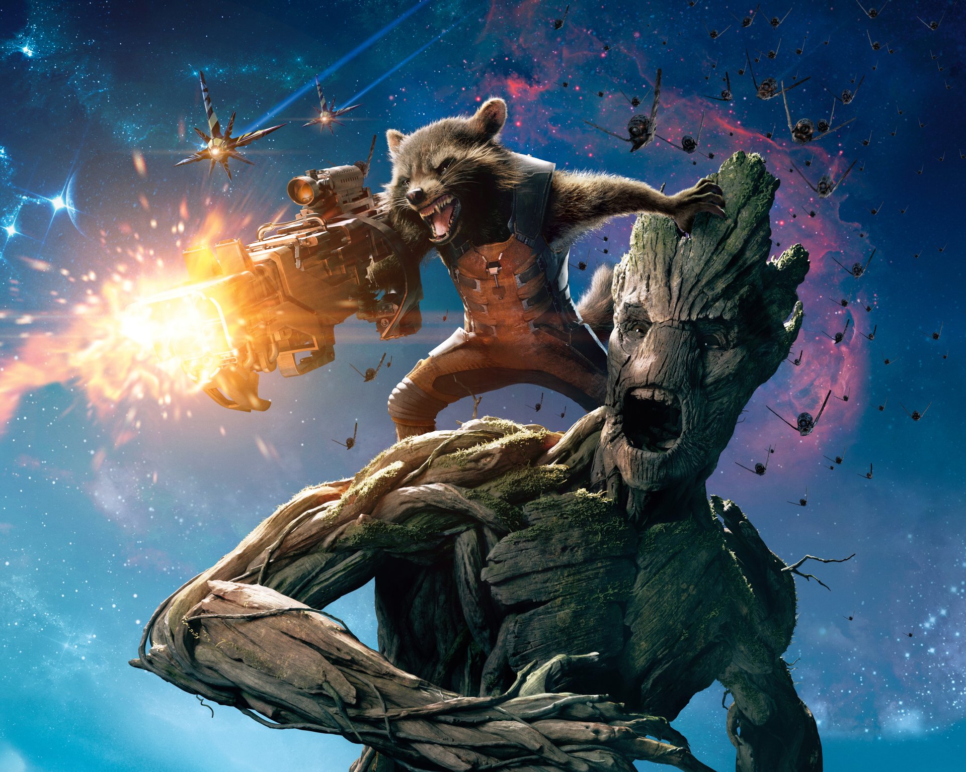 guardians of the galaxy movie movie groot rocket raccoon marvel heroes hero laser barbarians fighters wooden man face eyes situation weapons space sky clouds planes battle planet battleship hd wallpaper