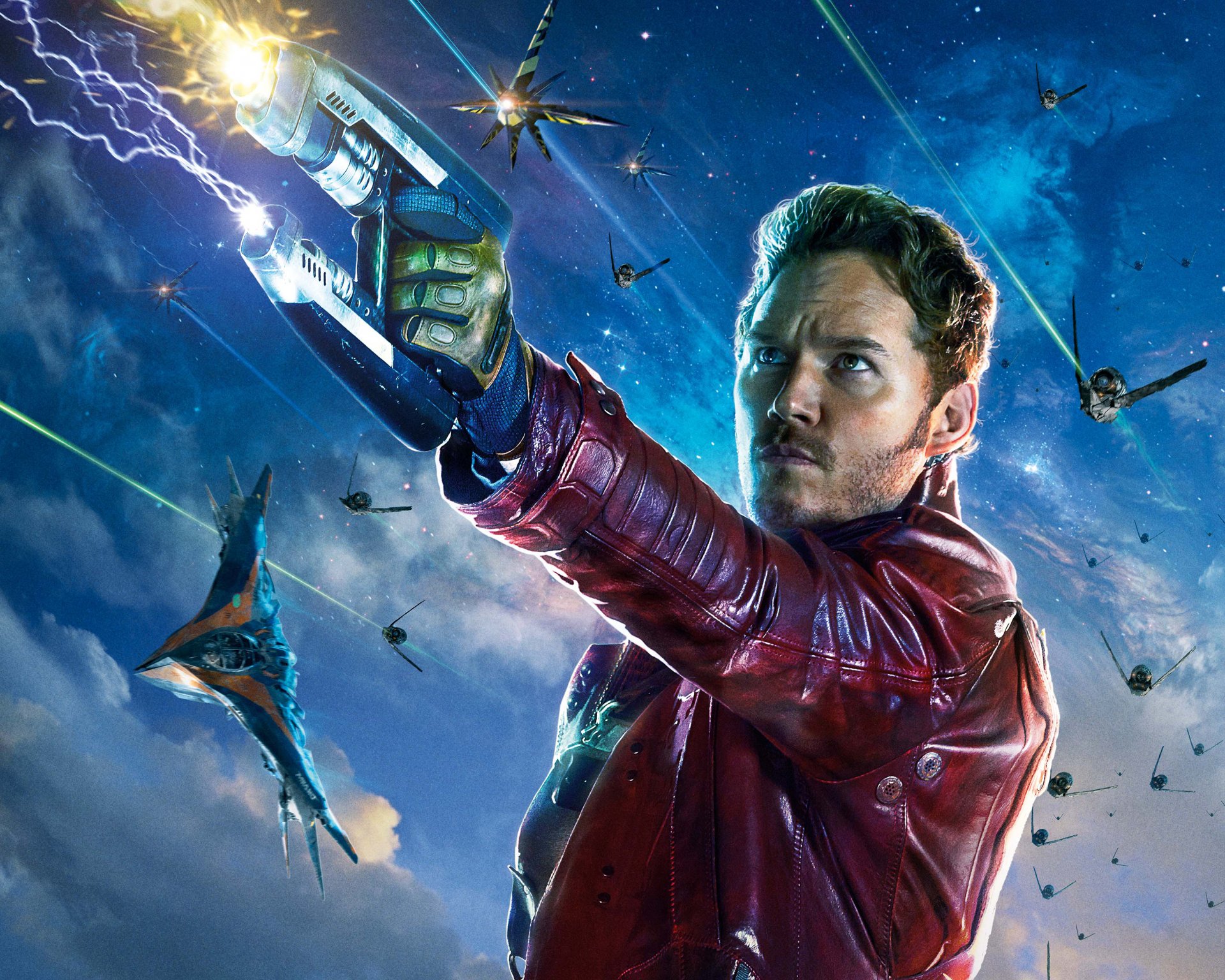 guardianes de la galaxia película película 2014 chris pratt peter quill star-lord marvel héroes héroe láser bárbaros combatientes hombre situación armas pistolas espacio cielo nubes aviones batalla planeta acorazado hd fondo de pantalla