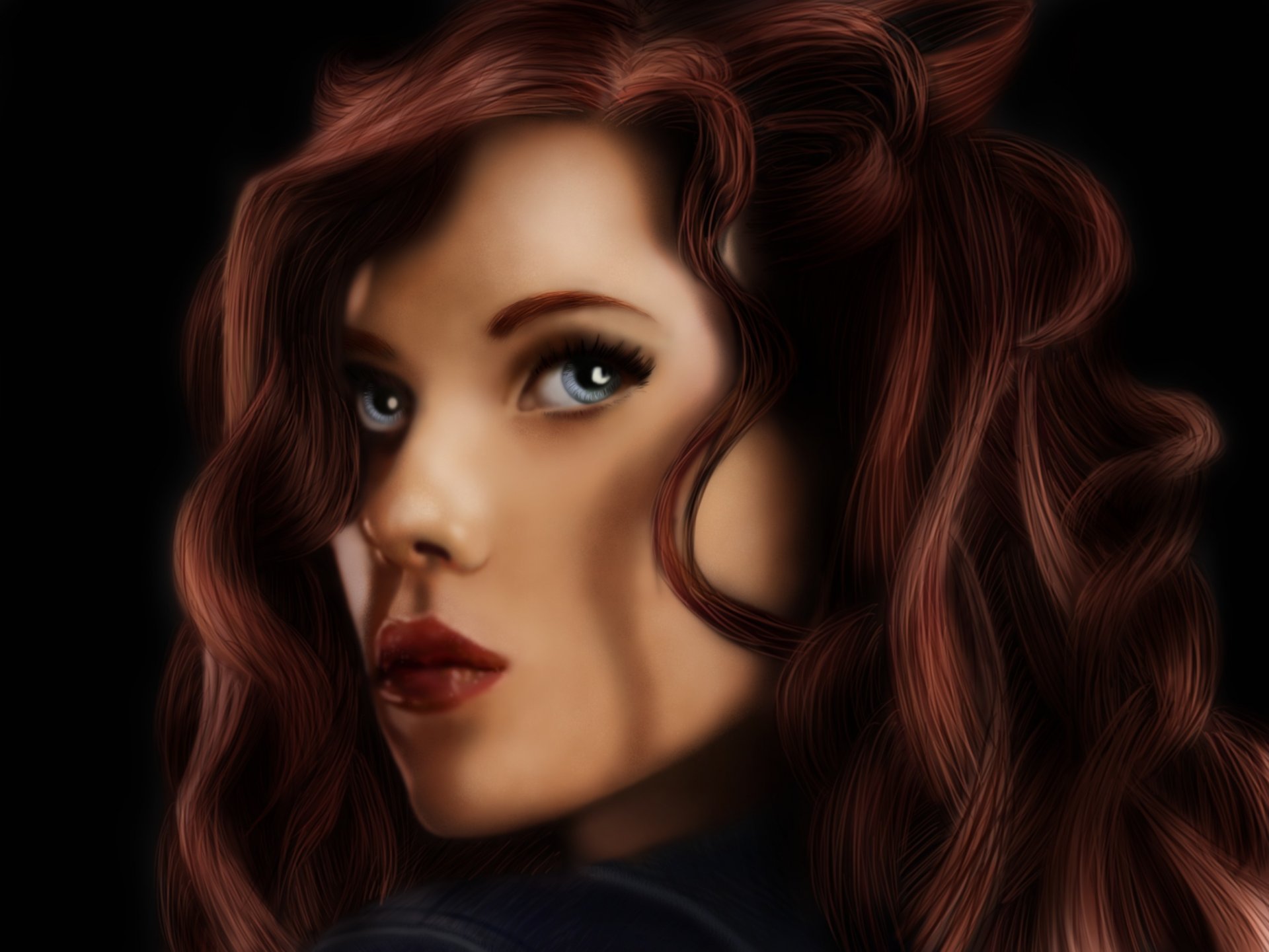 carlett johansson black widow avengers view face eyes hair curls black background