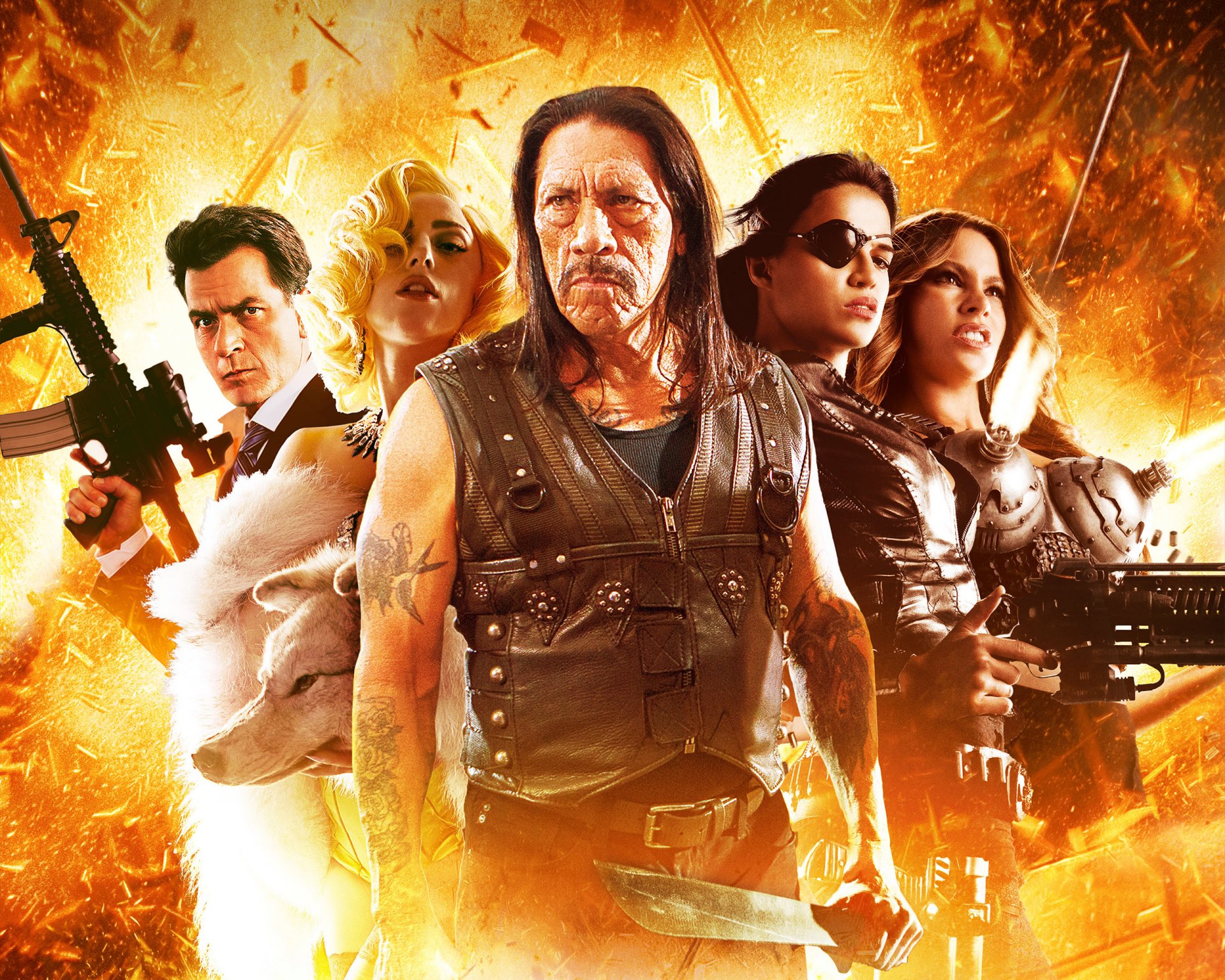 machete tötet film film action abenteuer verbrechen thriller danny trejo lady gaga michelle rodriguez shé charlie sheen madame desdemona männer frau mädchen hell waffen feuer hintergrund