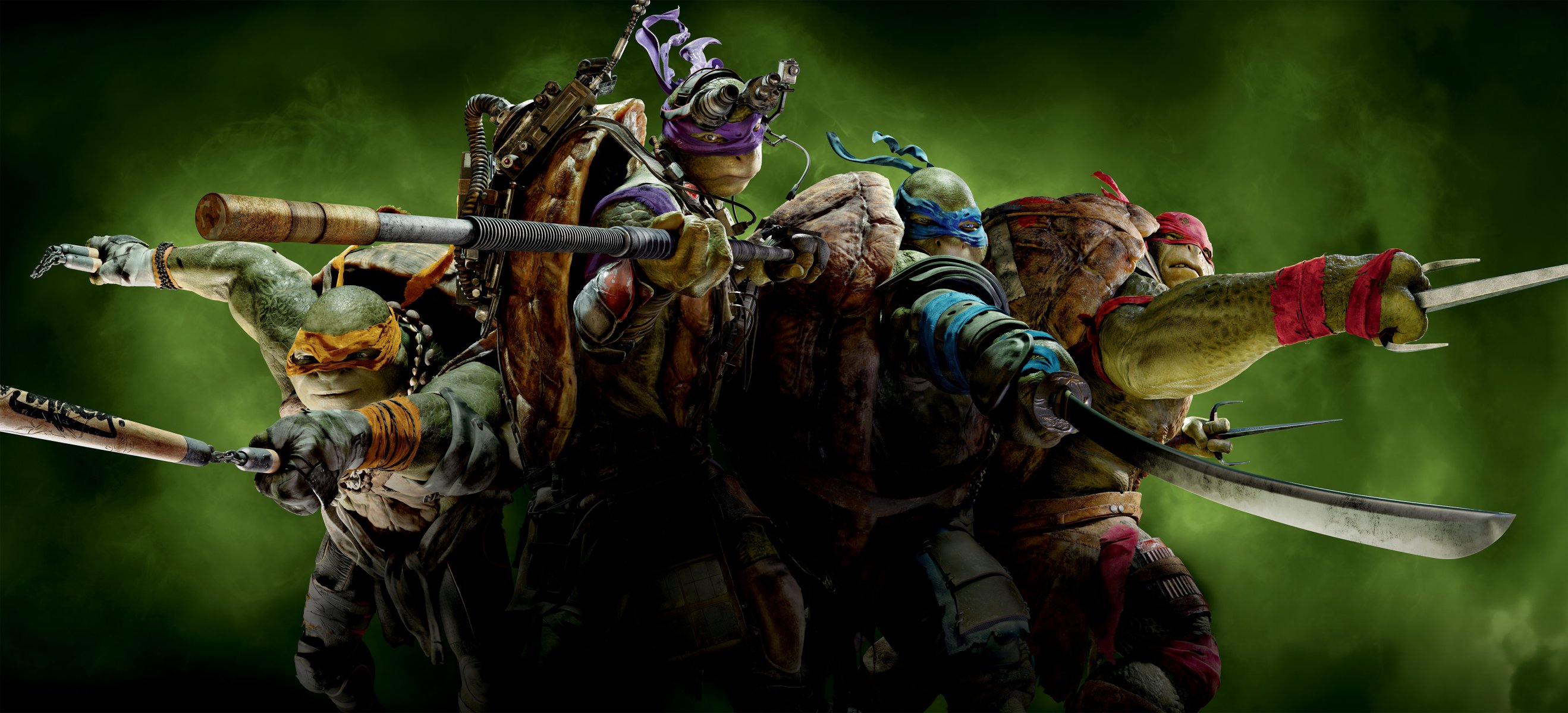 teenage mutant ninja turtles raffaello michelangelo leonardo donatello maschere armi fantascienza sfondo verde fumo