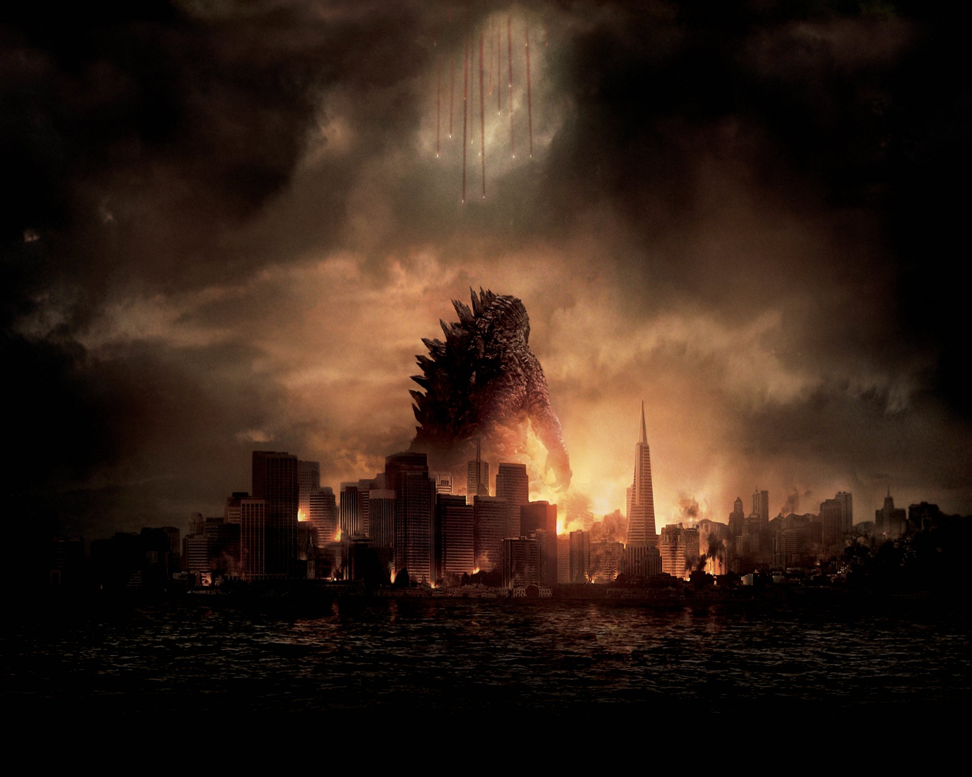 godzilla kino film 2014 akcja przygoda fantasy sci-fi gigantyczny potwór aaron taylor-johnson warner bros pictures legendarne zdjęcia miasto woda żołnierze czerwone linie dym chmura latać samolot ciemny ogień słońce hd tapety