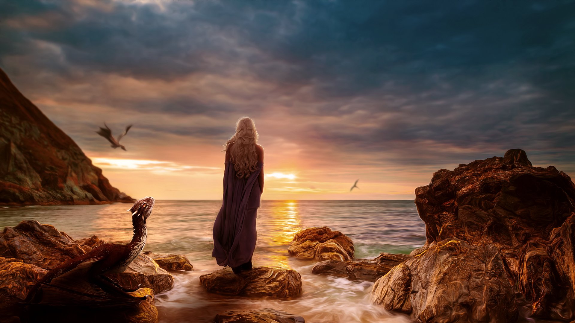 game of thrones daenerys targaryen fille dragons vol pierres coucher de soleil