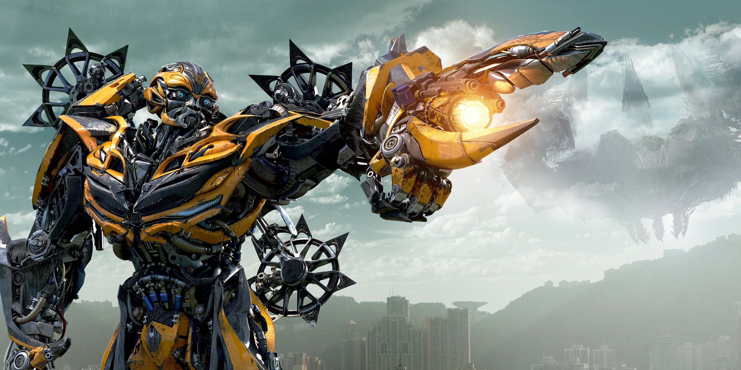 transformers : age of extinction transformers: Age of extinction autobot Autobots bumblebee bumblebee yellow weapons cannon blades city houses sky clouds metal michael bay