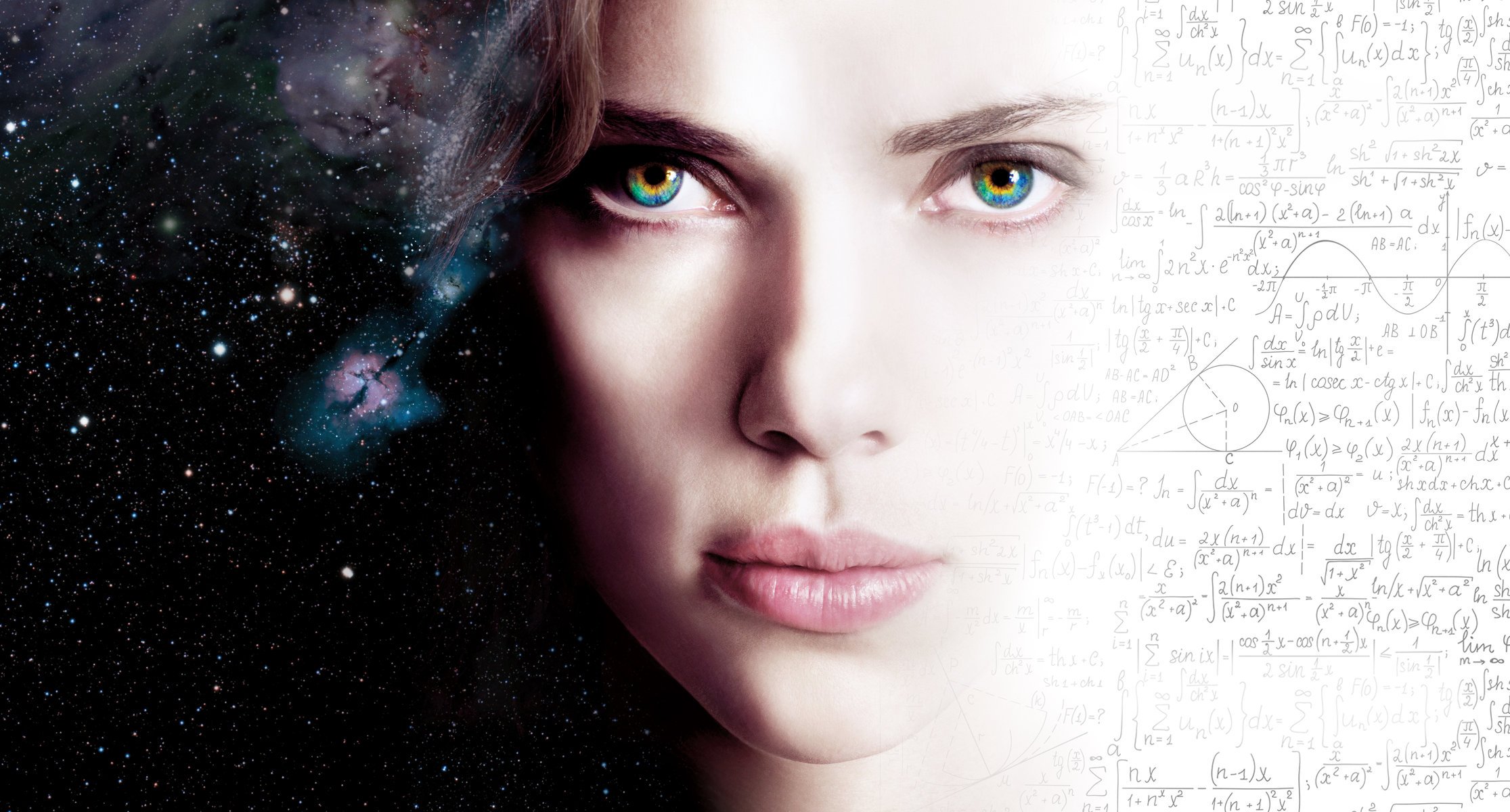 lucy scarlett johansson cinéma film 2014 action science-fiction fantastique thrillers jolie fille belle visage yeux lèvres espace galacy étoiles formules symboles abstraction hd fond d écran