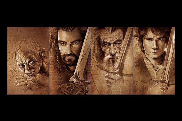 Thorin, Gandalf e Bilbo con le spade e l arco Gollum insieme a loro