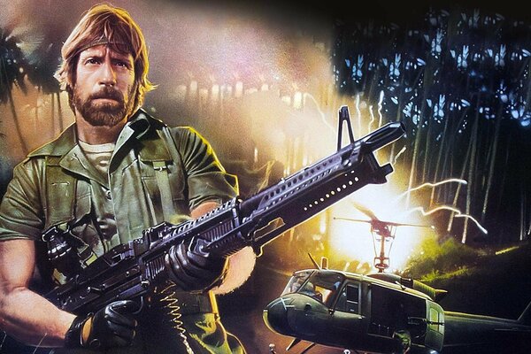 Chuck norris mit einer waffe in der hand