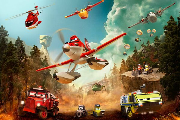 Cartoon characters about fires and rescue planes and cars