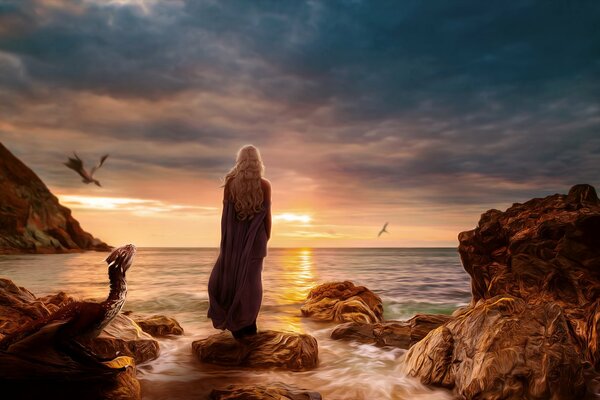 Game of Thrones volo del drago, Daenerys Targaryen. Ragazza sulla pietra al tramonto