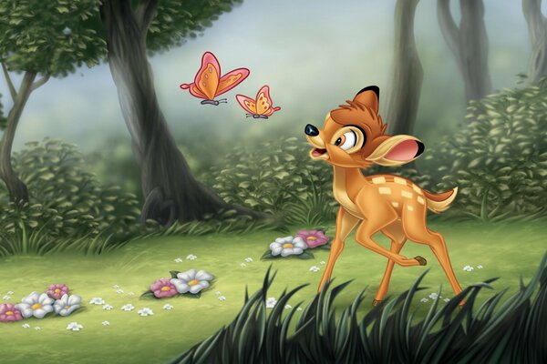 Cute Bambi and butterflies in the forest