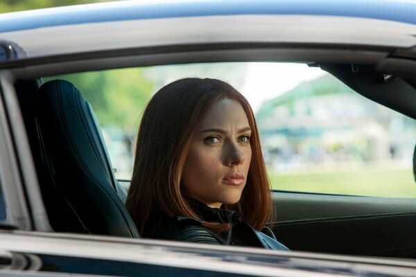 Black widow Natasha Romanoff in the car