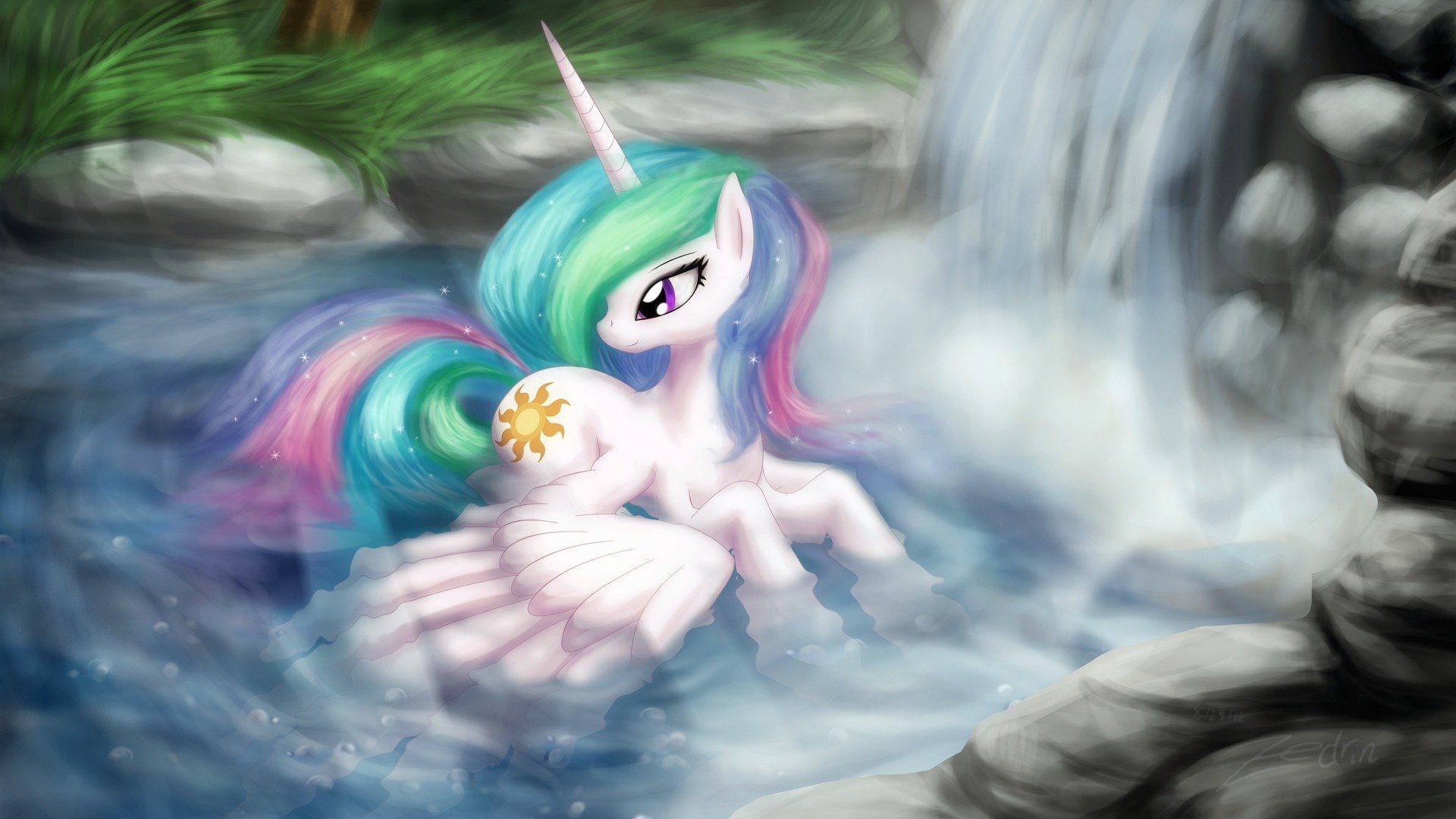 mon petit poney poney celestia dessin animé art baignade eau cascade ailes princesse