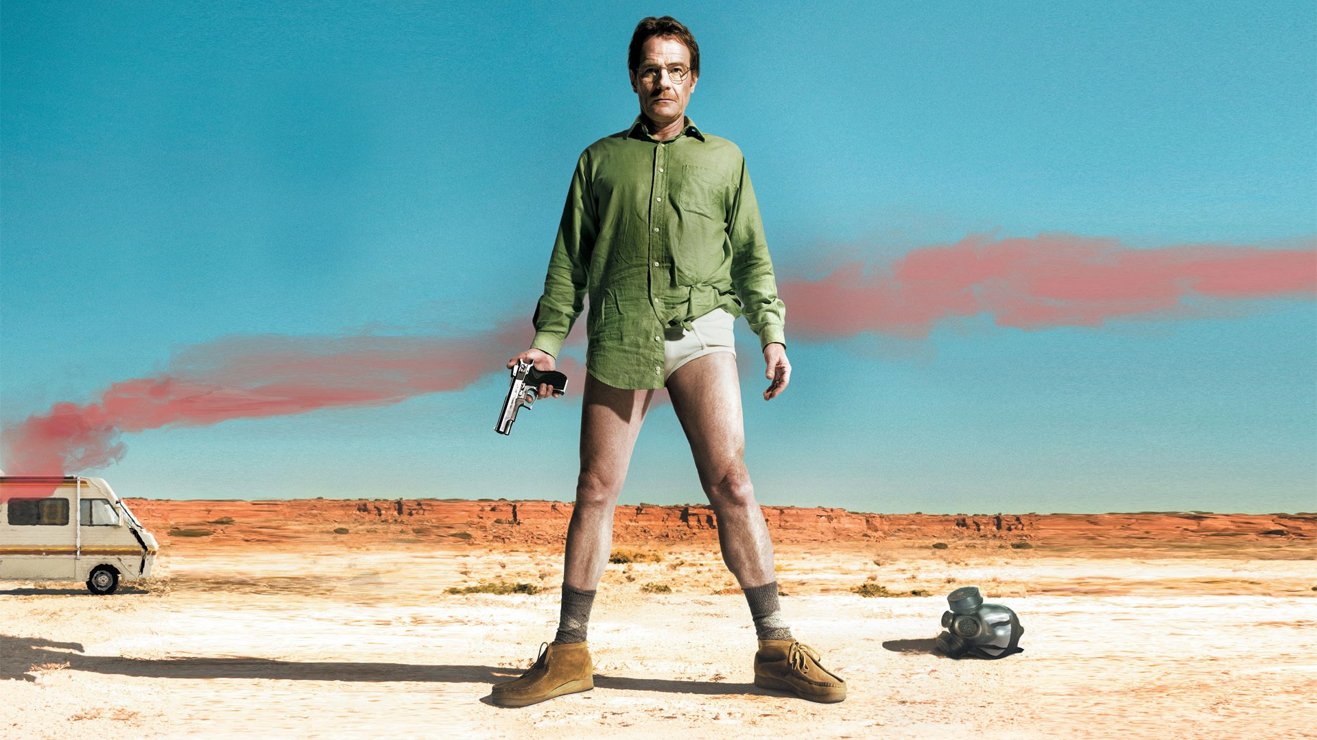 breaking bad in all serious tv series a man walter jacket shorts gun the situation box smoke mask desert