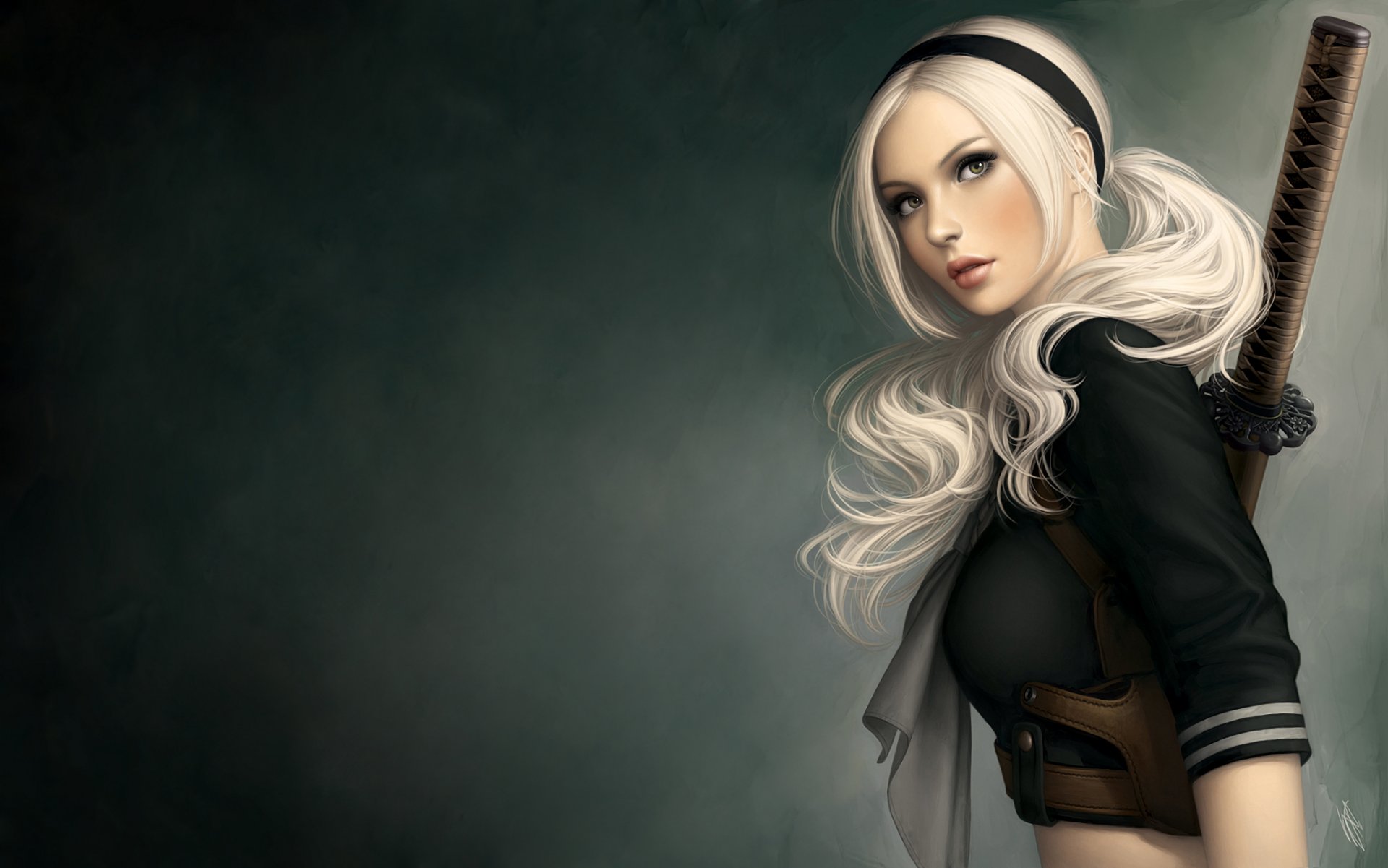 art emily browning babydoll sucker punch film fanart warren louw girl white hair green eyes sword katana holster green background