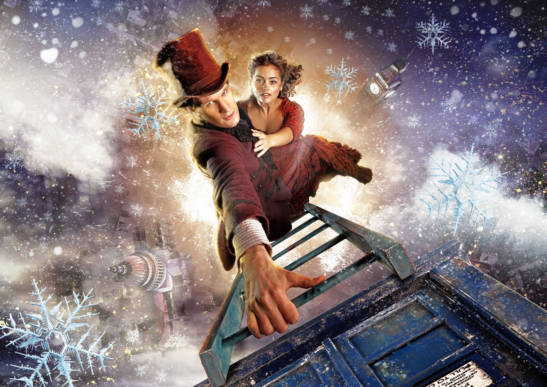 doctor who the eleventh doctor matt smith jenna-louise coleman jenna-louise coleman stairs hat winter christmas tv serie