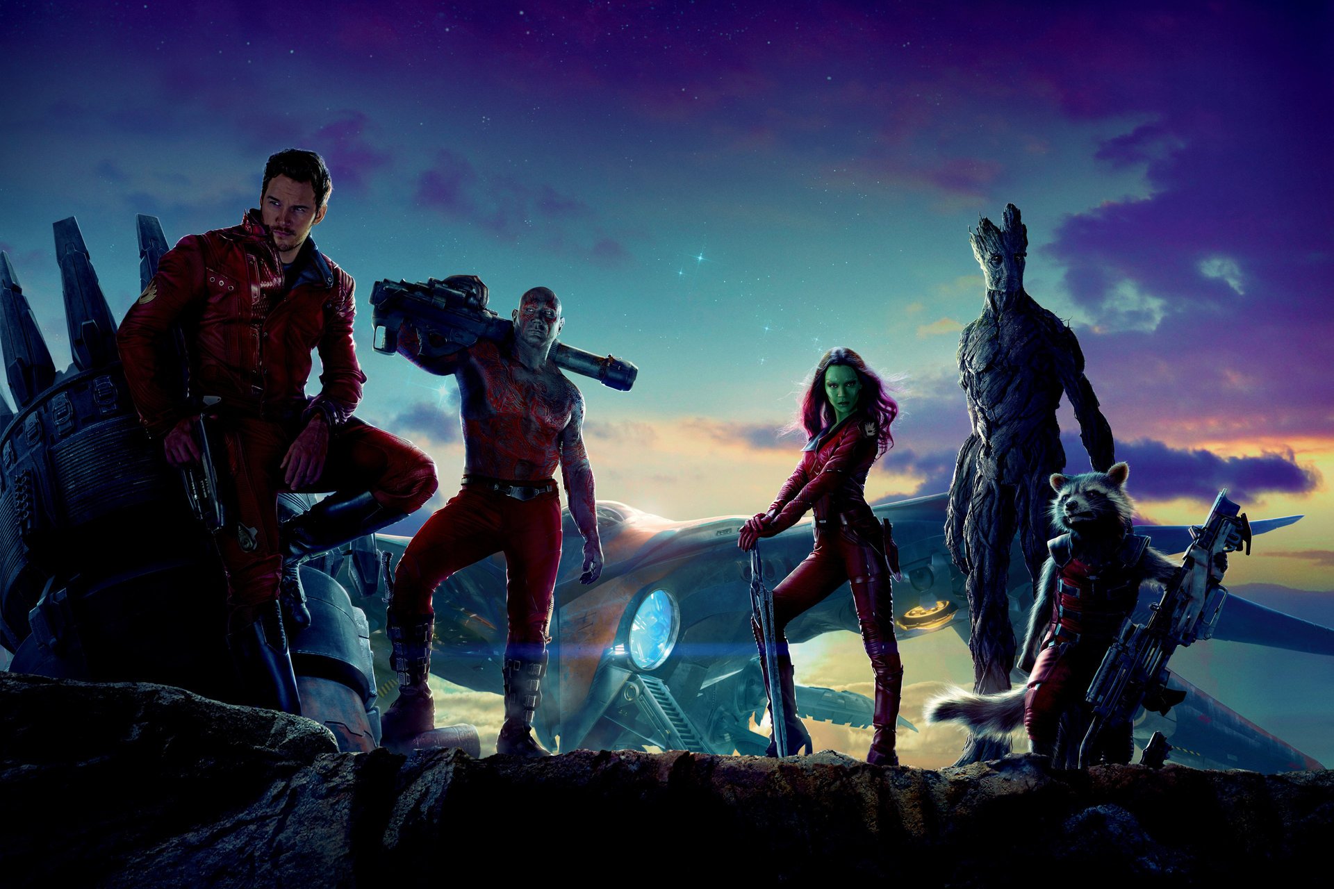 guardians of the galaxy guardians from denote galaxy movie movie 2014 year chris pratt peter quill star lord batista drake destroyer zoe saldana gamora vin diesel groot bradley cooper rocket raccoon marvel action adventure sci-fi fan