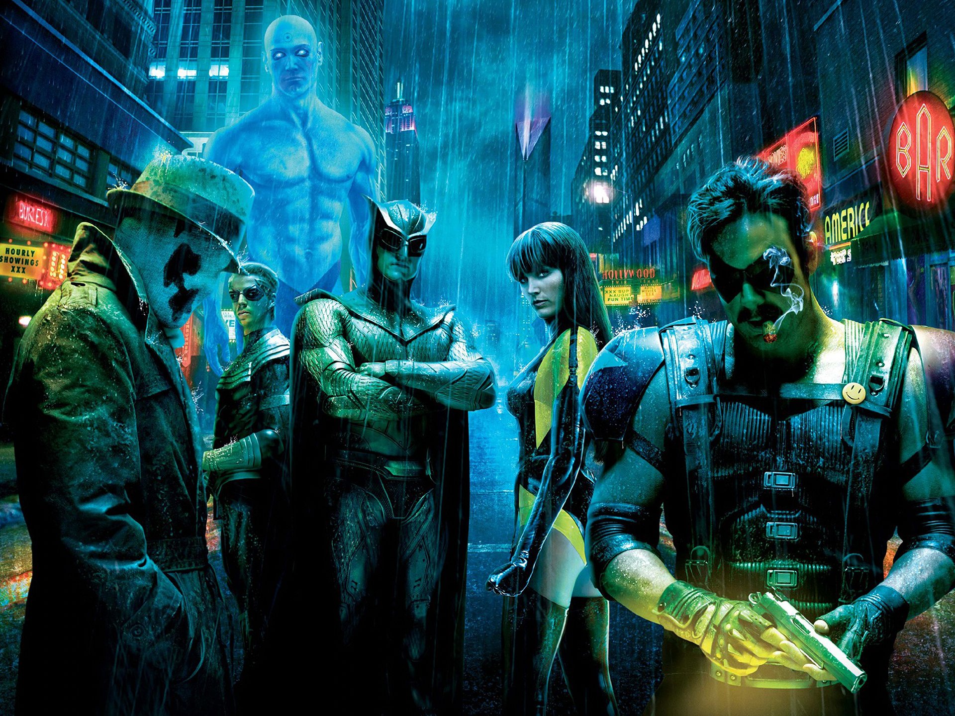 watchmen rorschach jackie earle haley ozymandias adrian veidt matthew goode dr. manhattan jon osterman billy crudup nite owl dan dreiberg patrick wilson silk spectre ii laurie jupiter malin akerman comedian edward blake jeffrey dean morgan zack snyder hra