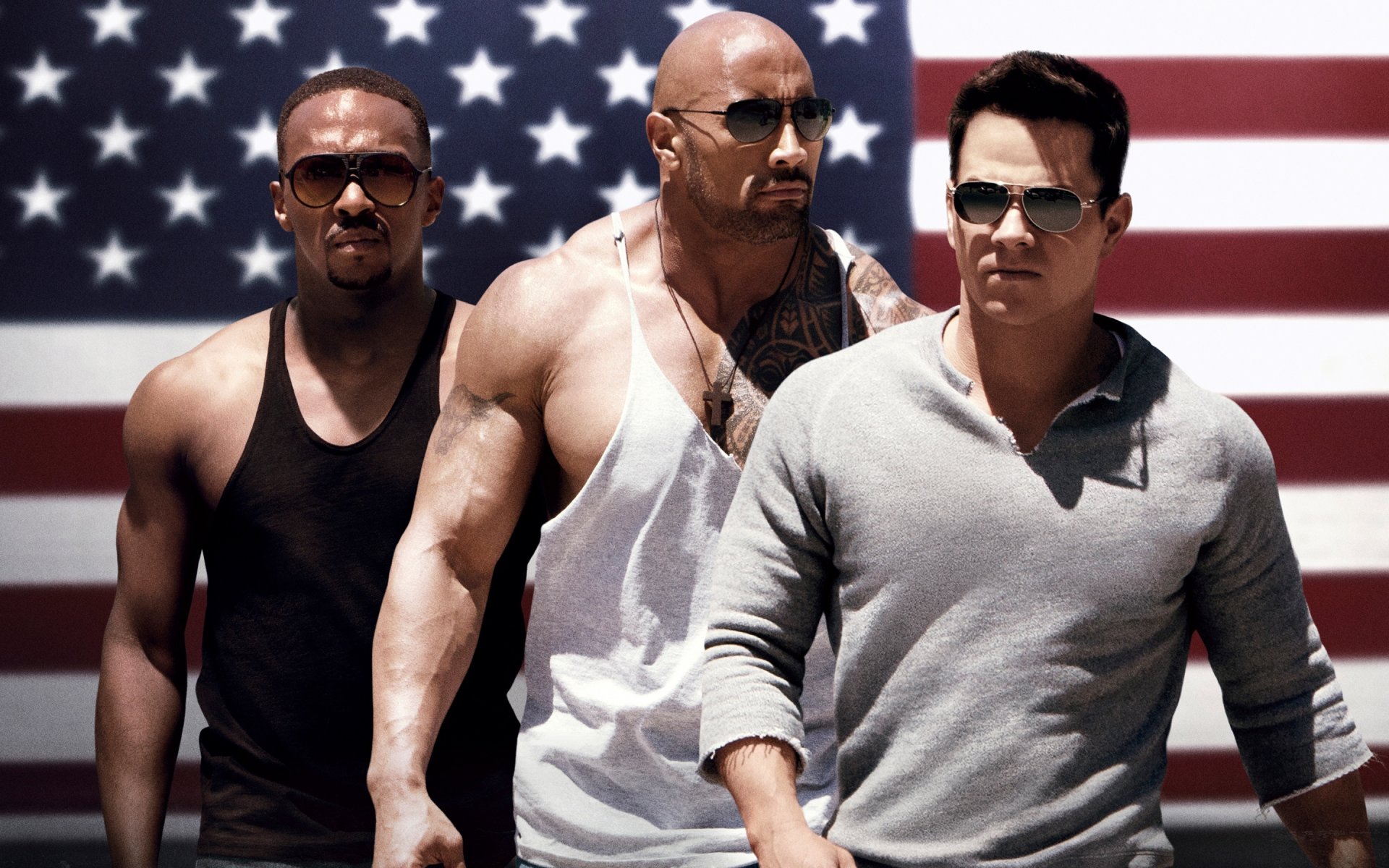 pain&gain blood and sweat : anabolic mark wahlberg daniel lugo dwayne johnson paul doyle anthony mackie adrian doorbal flag united states muscles sunglasses cro