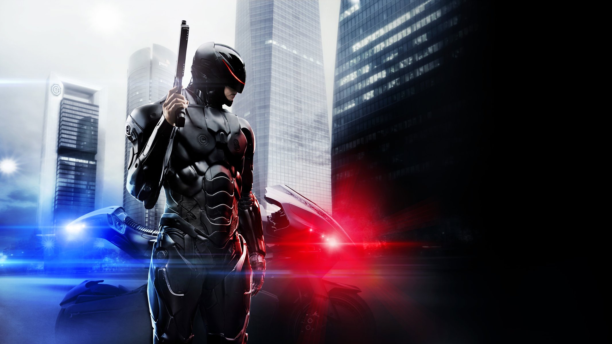 robocop robo polizist film film 2014 kinnaman alex murphy sony pictures metro goldwin mayer kolumbien fotografie mgm action verbrechen sci-fi thriller polizei blau und rot licht sirene motorrad moto cyborg mann junge schwarz b