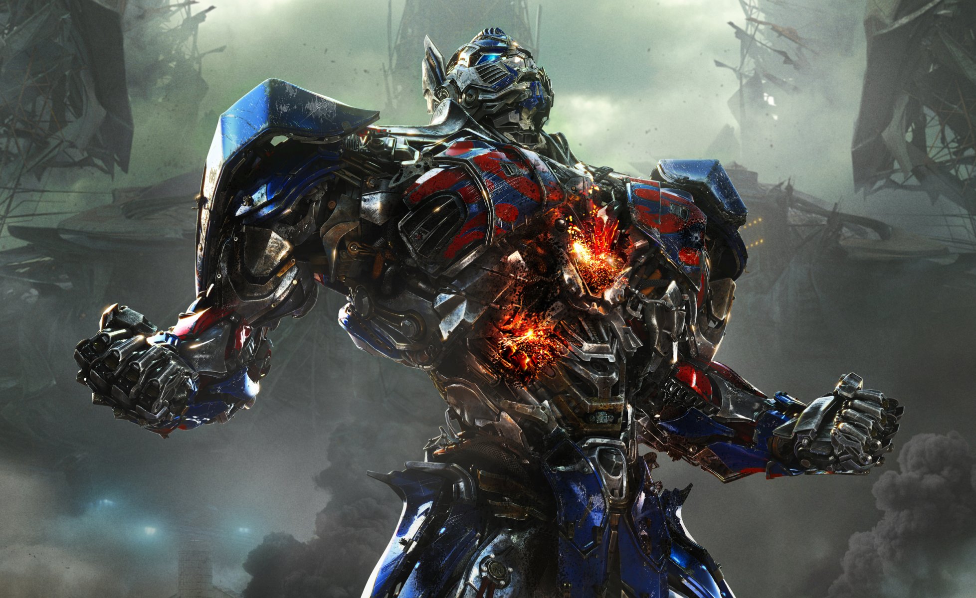 transformatoren : das alter des aussterbens transformatoren: das zeitalter der vernichtung autobot optimus prime löcher funken eisen wut metall wolken michael bay