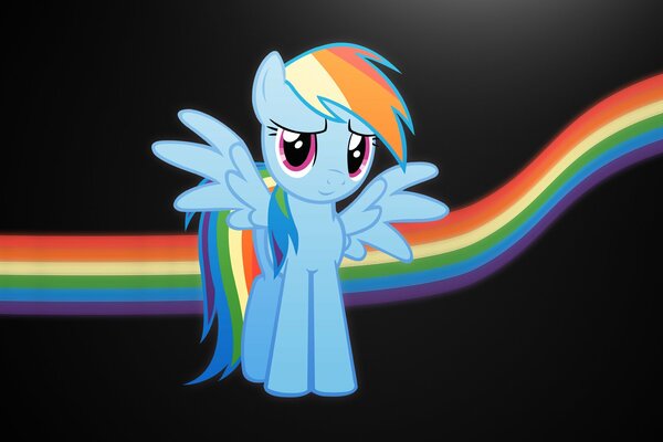 A blue pony on a rainbow background