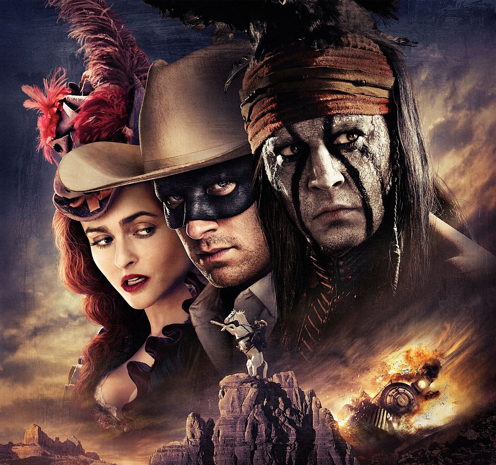 lone ranger film films film johnny depp armie hammer helena bonham carter héros heros tonto rouge john reid blanc hourse homme hommes fille femme femmes masque ciel feu nuage chemin de fer moteur à vapeur noir bleu g