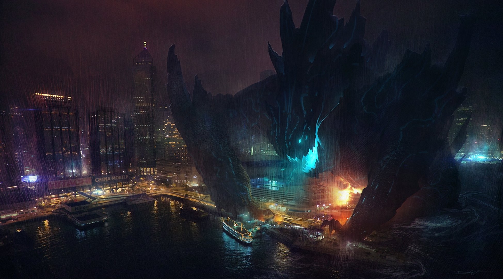 арт pacific rim тихоокеанский рубеж kaiju монстр город порт корабли разрушение ночь