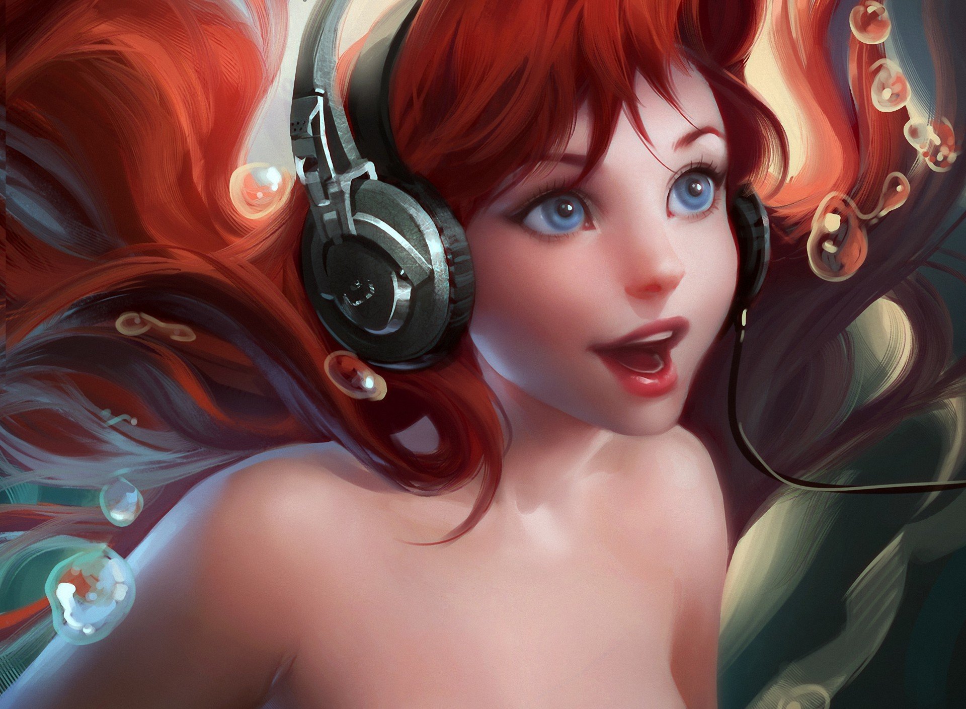 art sakimichan petite sirène ariel casque bulles mer