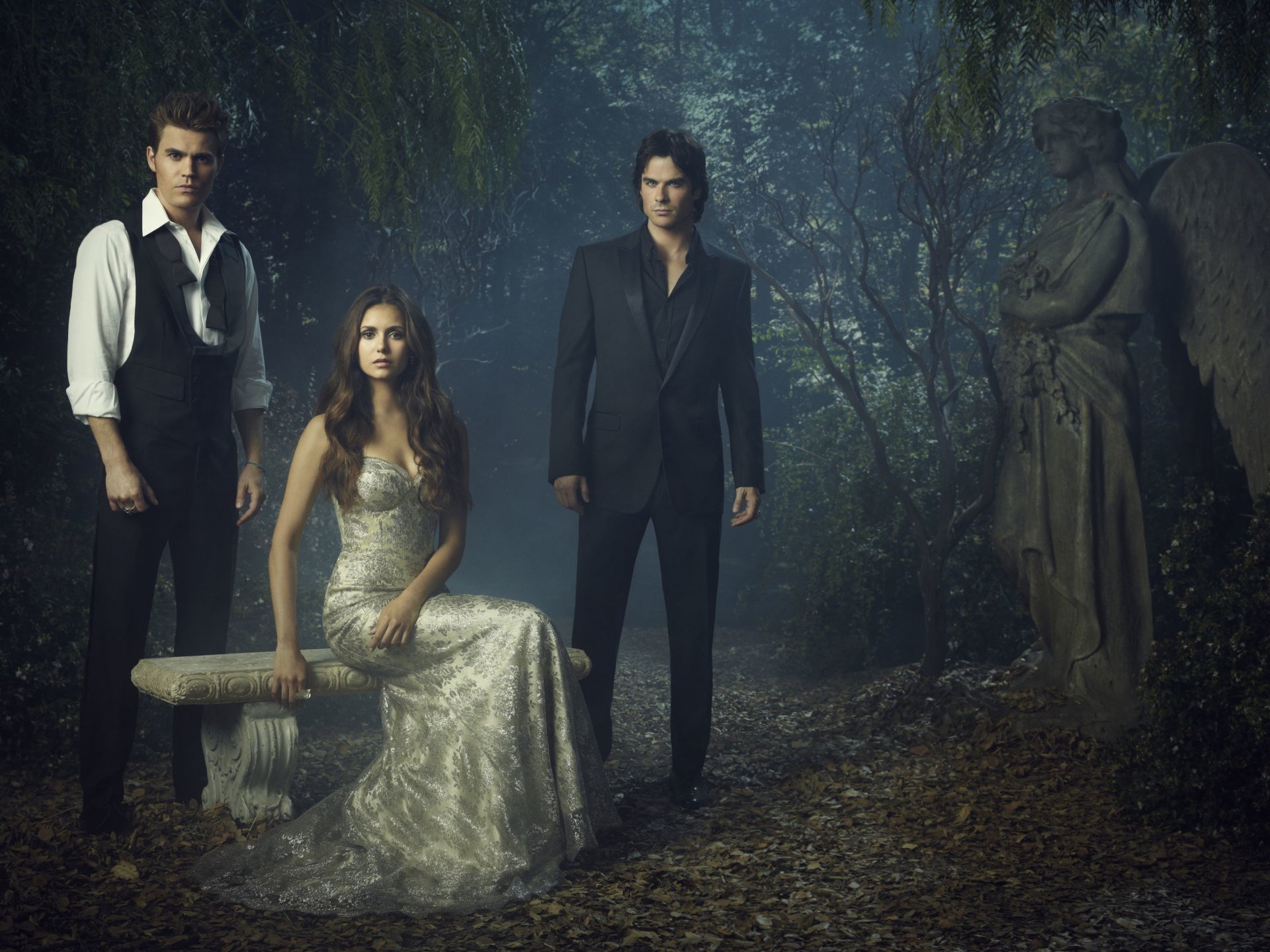 the vampire diaries tv series elena stefan damon nina dobrev paul wesley ian somerhalder actors statue