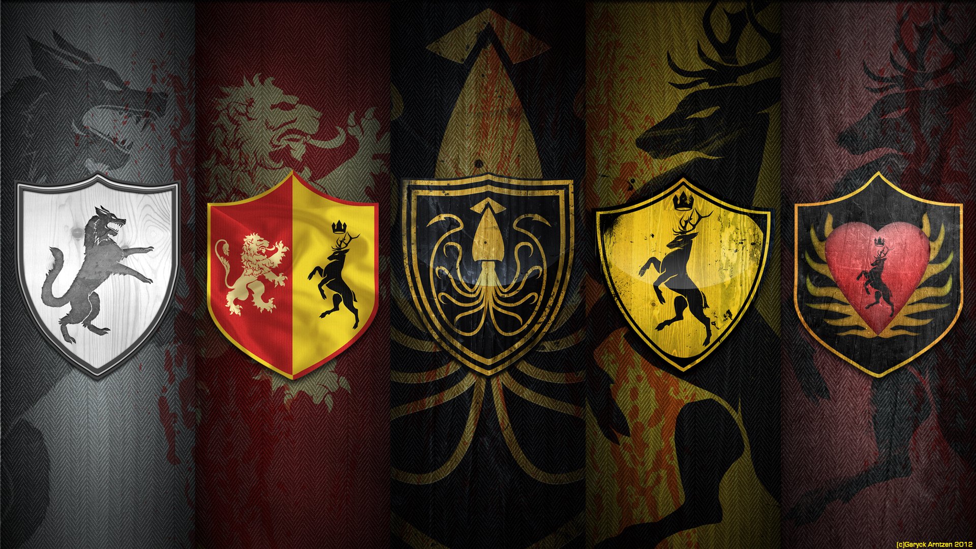 guerre des cinq rois game of thrones chanson de glace et de feu chanson de glace et de feu stark baratheon greyjoy arren blason loup cerf poulpe lion